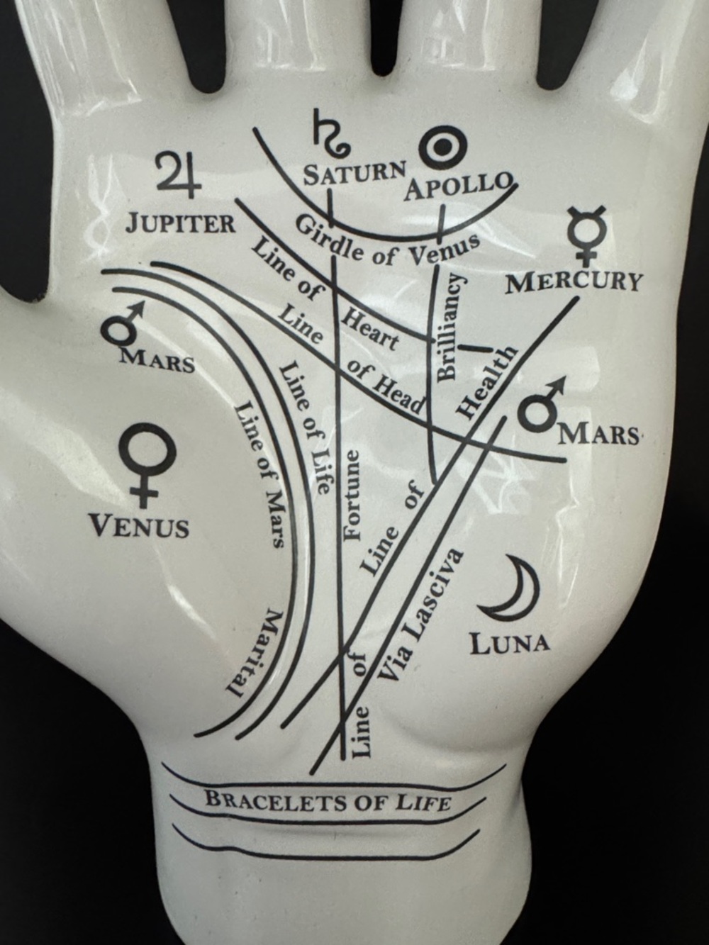 White Ceramic Palmistry Hand Display with Black Palmistry Print - Picture 3 of 6